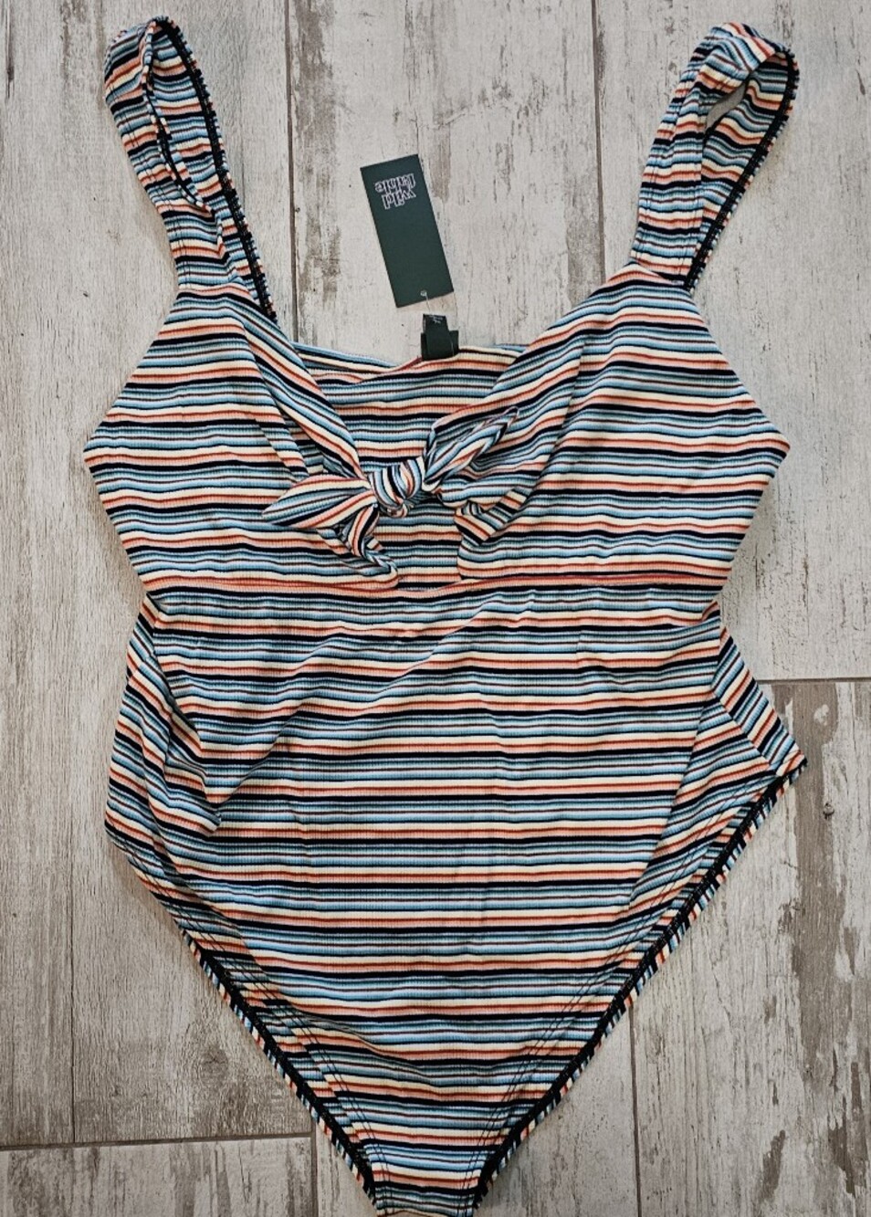 Women's Striped One-Piece Bodysuit with Front Knot - Multi-Color Rainbow NWT 2X